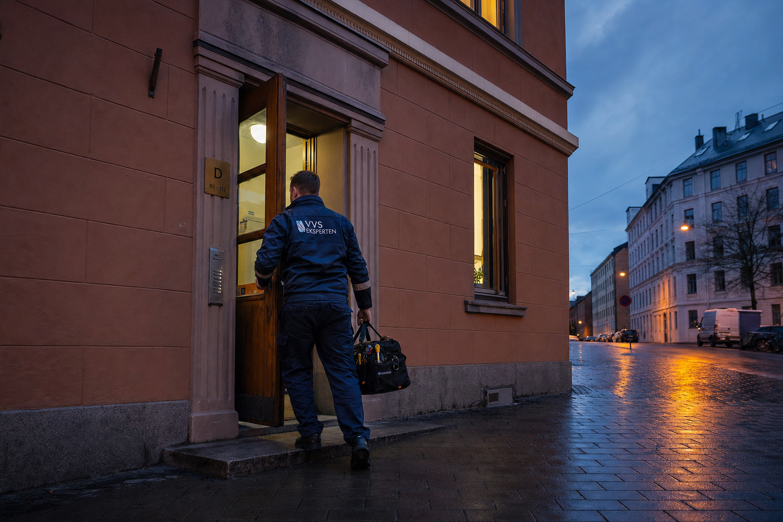 Rørlegger ankommer en Oslo-leilighet på akutt utrykning om kvelden